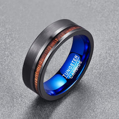 Men's 8mm Koa Wood Inlay Brushed Gunmetal and Blue Inner Tungsten Carbide Ring