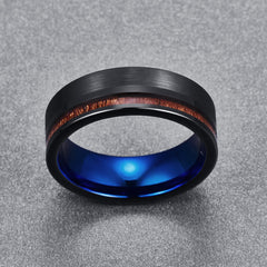 Men's 8mm Koa Wood Inlay Brushed Gunmetal and Blue Inner Tungsten Carbide Ring