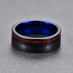 Men's 8mm Koa Wood Inlay Brushed Gunmetal and Blue Inner Tungsten Carbide Ring