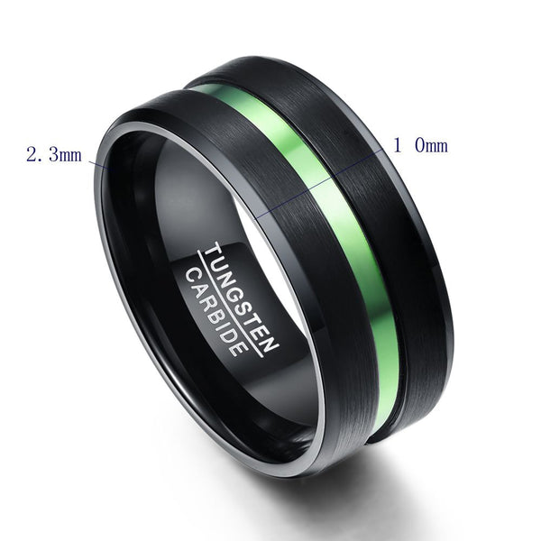 Men's 10mm Green Channel Set Inner Black Tungsten Carbide Ring