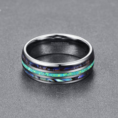 Men's 8mm Abalone Opal Triple Groove Polished Tungsten Carbide Ring