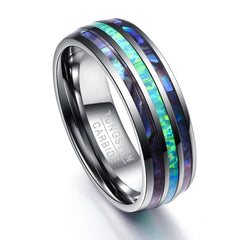 Men's 8mm Abalone Opal Triple Groove Polished Tungsten Carbide Ring