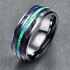 Men's 8mm Abalone Opal Triple Groove Polished Tungsten Carbide Ring