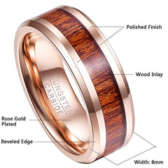 Women's 8mm Hawaiian Koa Wood Inlay Rose Gold Tungsten Carbide Ring