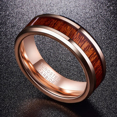 Women's 8mm Hawaiian Koa Wood Inlay Rose Gold Tungsten Carbide Ring