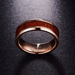 Women's 8mm Hawaiian Koa Wood Inlay Rose Gold Tungsten Carbide Ring