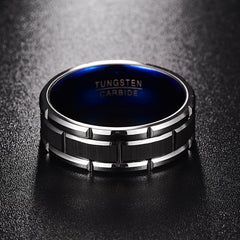 Men's 8mm Grooved Brushed Silver and Blue Inner Tungsten Carbide Ring