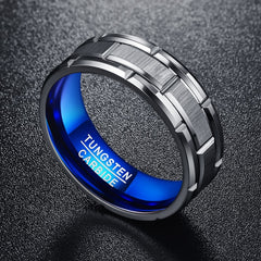 Men's 8mm Grooved Brushed Silver and Blue Inner Tungsten Carbide Ring