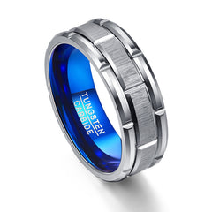 Men's 8mm Grooved Brushed Silver and Blue Inner Tungsten Carbide Ring