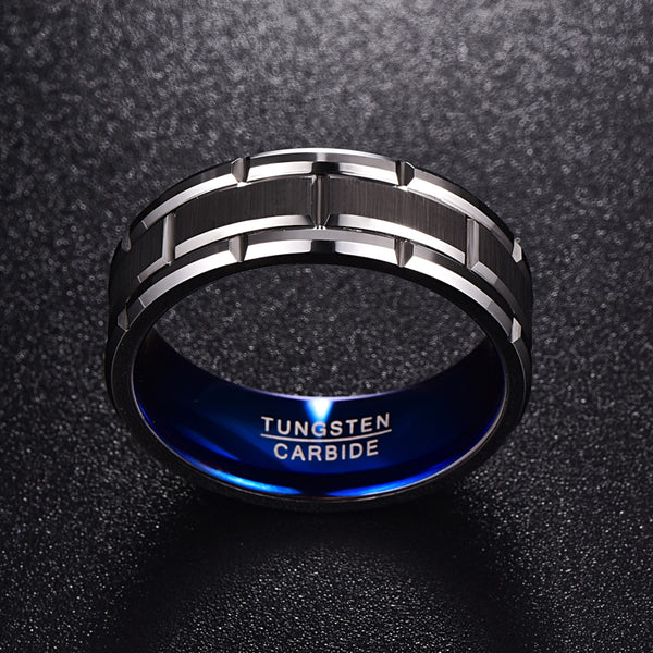 Men's 8mm Grooved Brushed Silver and Blue Inner Tungsten Carbide Ring