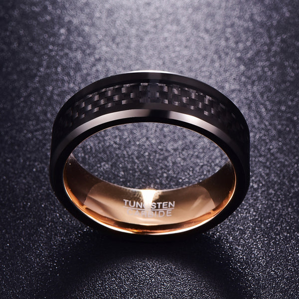 Men's 8mm Inlaid Black Carbon Fiber Rose Gold Inner Tungsten Carbide Ring