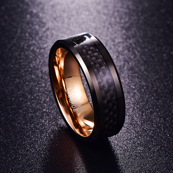 Men's 8mm Inlaid Black Carbon Fiber Rose Gold Inner Tungsten Carbide Ring