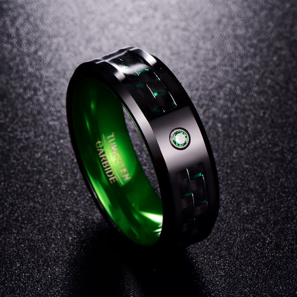 Men's 8mm Green Carbon Fiber and Green CZ Inner Tungsten Carbide Ring