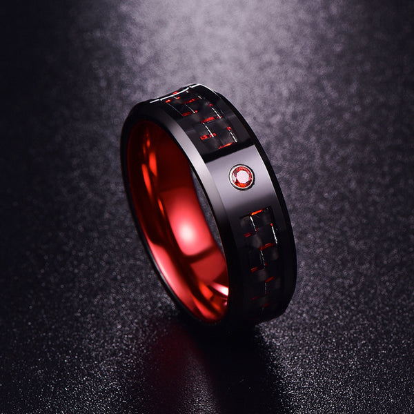 Men's 8mm Red Carbon Fiber and Red CZ Inner Tungsten Carbide Ring