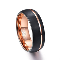 Men's 8mm Frosted Black and Offset Rose Gold Channel Tungsten Carbide Ring