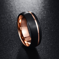 Men's 8mm Frosted Black and Offset Rose Gold Channel Tungsten Carbide Ring