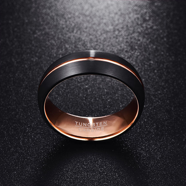 Men's 8mm Frosted Black and Center Rose Gold Channel Tungsten Carbide Ring