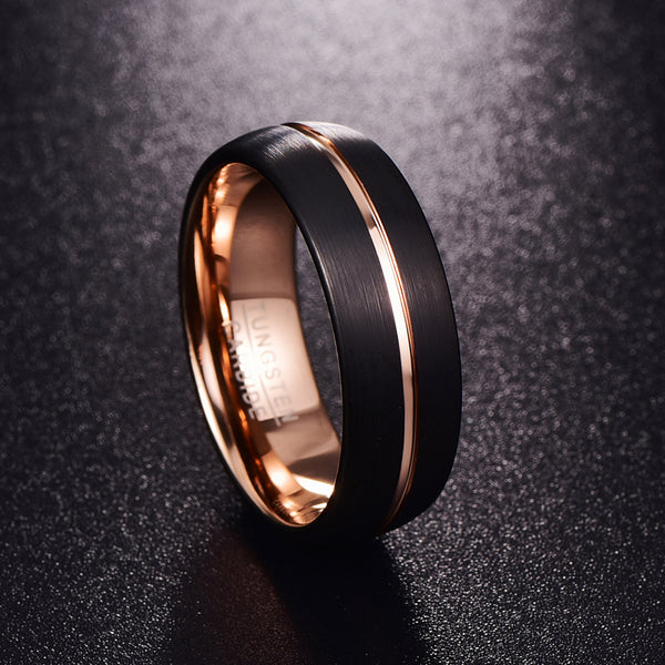 Men's 8mm Frosted Black and Center Rose Gold Channel Tungsten Carbide Ring