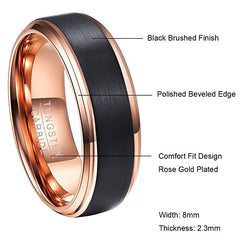 Unisex 8mm Rose Gold and Black Brushed Tungsten Carbide Ring