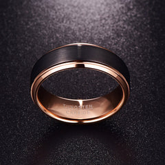 Unisex 8mm Rose Gold and Black Brushed Tungsten Carbide Ring