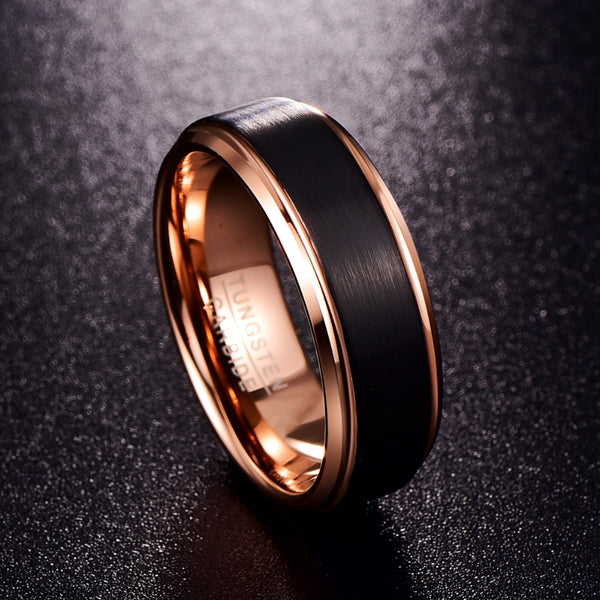 Unisex 8mm Rose Gold and Black Brushed Tungsten Carbide Ring