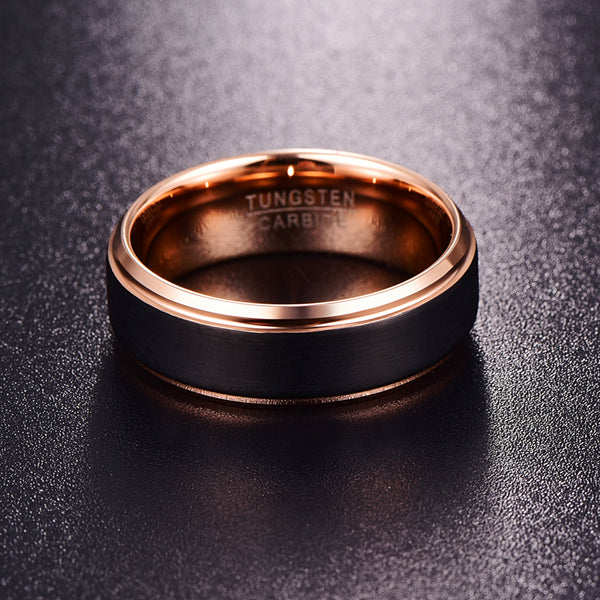 Unisex 8mm Rose Gold and Black Brushed Tungsten Carbide Ring