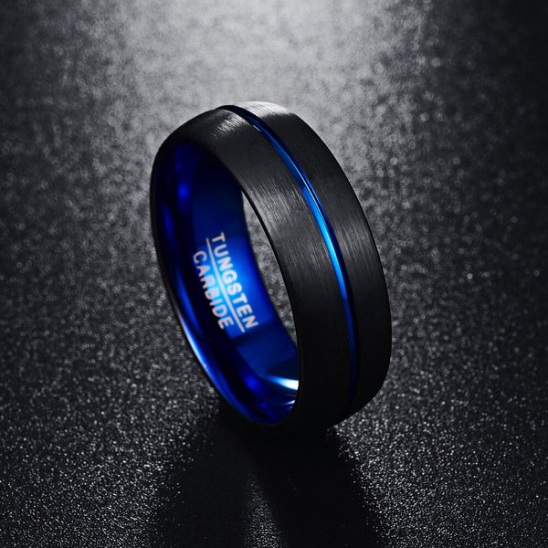 Men's 8mm Frosted Black and Center Blue Channel Tungsten Carbide Ring