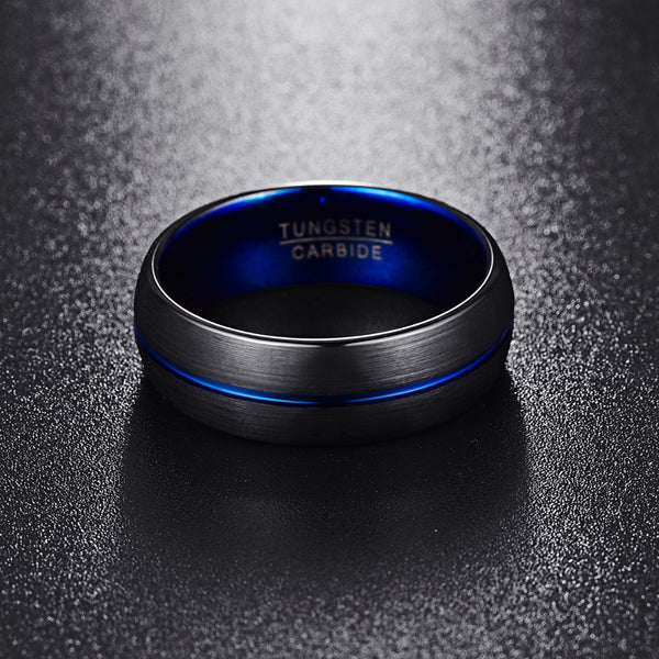 Men's 8mm Frosted Black and Center Blue Channel Tungsten Carbide Ring