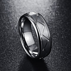 Men's 8mm Brushed Silver Diagonal Groove Tungsten Carbide Ring