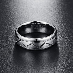 Men's 8mm Brushed Silver Diagonal Groove Tungsten Carbide Ring