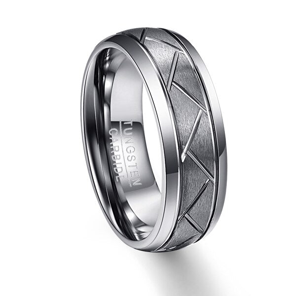 Men's 8mm Brushed Silver Diagonal Groove Tungsten Carbide Ring