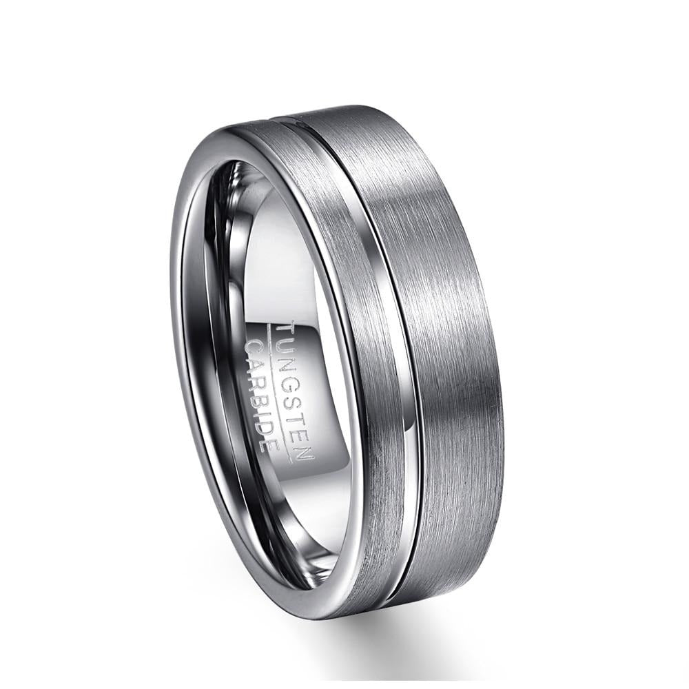 Men's 8mm Brushed Silver Offset Groove Tungsten Carbide Ring