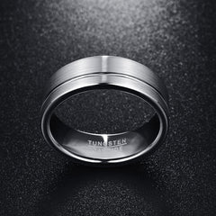 Men's 8mm Brushed Silver Offset Groove Tungsten Carbide Ring