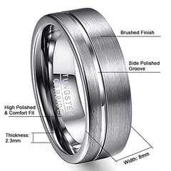 Men's 8mm Brushed Silver Offset Groove Tungsten Carbide Ring