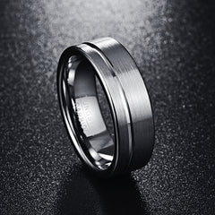 Men's 8mm Brushed Silver Offset Groove Tungsten Carbide Ring