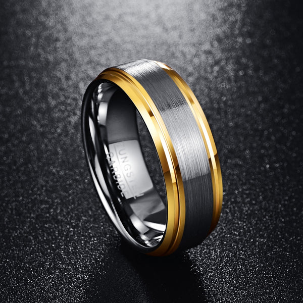 Men's 8mm Gold and Brushed Silver Tungsten Carbide Ring