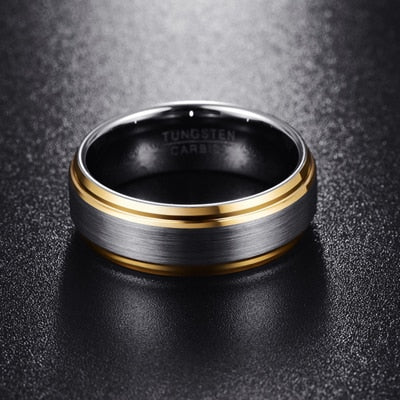 Men's 8mm Gold and Brushed Silver Tungsten Carbide Ring