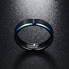 Women's 6mm Blue Beveled Edges Black Tungsten Carbide Ring