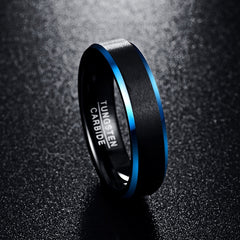 Women's 6mm Blue Beveled Edges Black Tungsten Carbide Ring