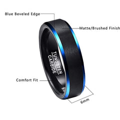 Women's 6mm Blue Beveled Edges Black Tungsten Carbide Ring