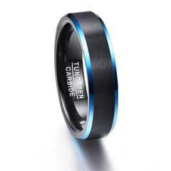 Women's 6mm Blue Beveled Edges Black Tungsten Carbide Ring