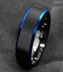 Women's 6mm Blue Beveled Edges Black Tungsten Carbide Ring