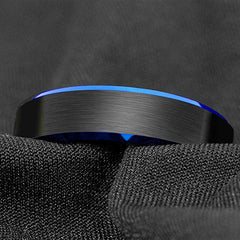 Women's 6mm Blue Beveled Edges Black Tungsten Carbide Ring