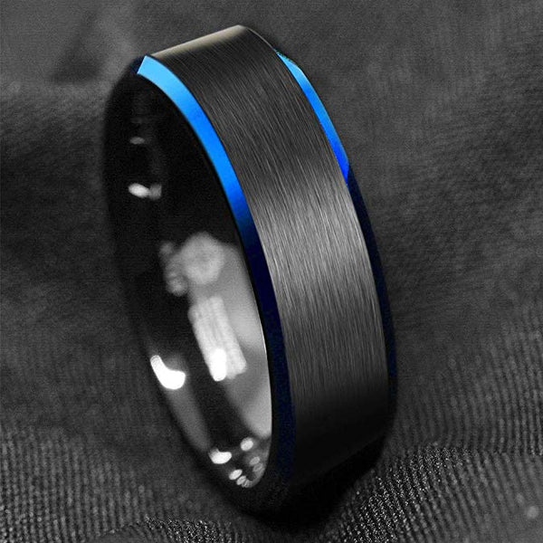 Women's 6mm Blue Beveled Edges Black Tungsten Carbide Ring