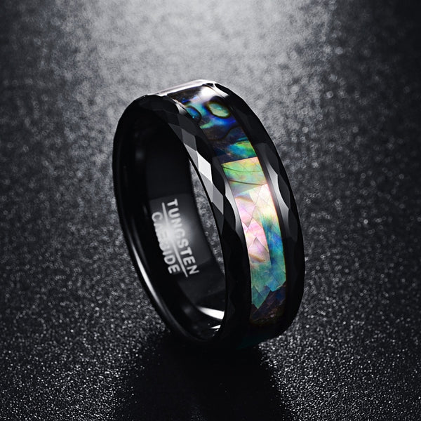 Men's 8mm Abalone Shell & Polished Black Faceted Tungsten Carbide Ring