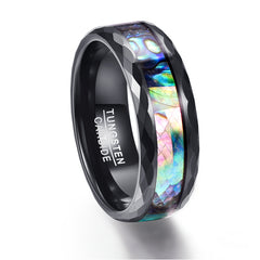 Men's 8mm Abalone Shell & Polished Black Faceted Tungsten Carbide Ring