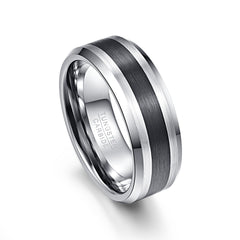 Men's 8mm Brushed Finish and Black Center Beveled Edge Tungsten Carbide Ring