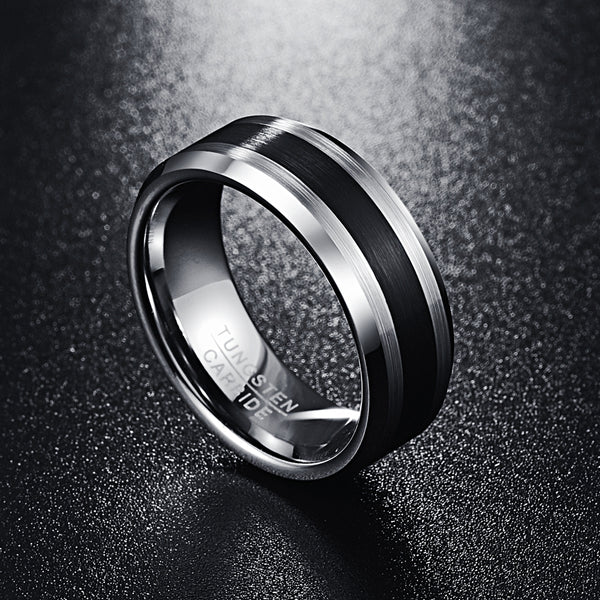 Men's 8mm Brushed Finish and Black Center Beveled Edge Tungsten Carbide Ring