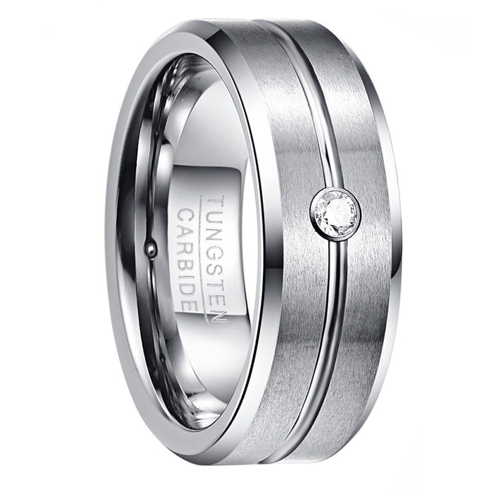 Men's 8mm Cubic Zirconia Grooved Tungsten Carbide Ring