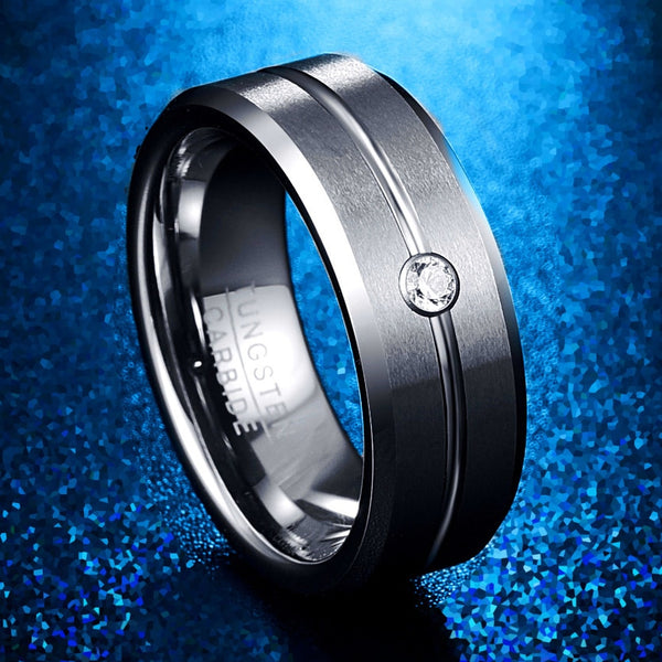 Men's 8mm Cubic Zirconia Grooved Tungsten Carbide Ring